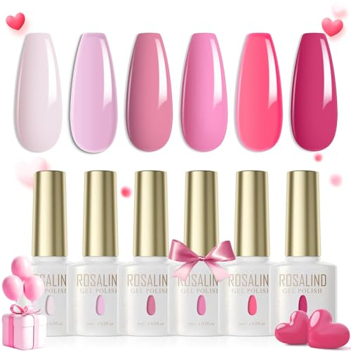 ROSALIND Smalti Semipermanenti Unghi Primavera Estate,Rosa Neon Scuro Chiaro Viola Chiaro 6 Colori Smalto Semipermanente per Unghie UV LED Soak Off Smalto Gel Nail Polish Valentino