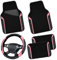 CAR PASS Leder Lenkradbezug und wasserdichte Auto Fußmatten, Mikrofaser Universal Auto Combo passend für 95% LKWs SUVs Autos, 36.8-38.1CM Sportlich Anti-Rutsch Design(Schwarz Rosa)