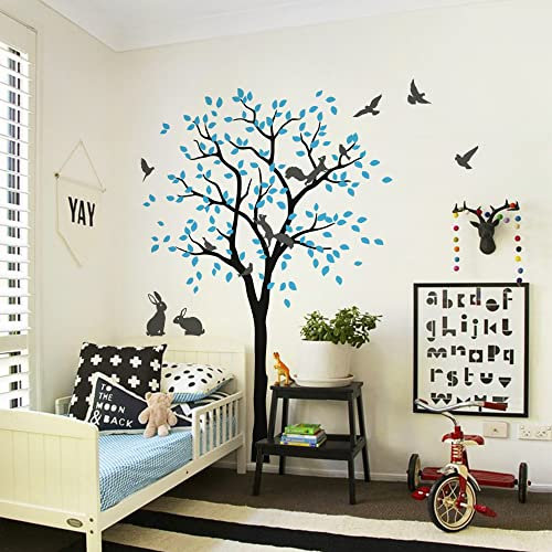 Großer Baum Wandaufkleber mit Vögeln, Eichhörnchen und Kaninchen Hasen Kinderzimmer Wanddekoration 095 (Schwarz, Eisblau, Dunkelgrau)