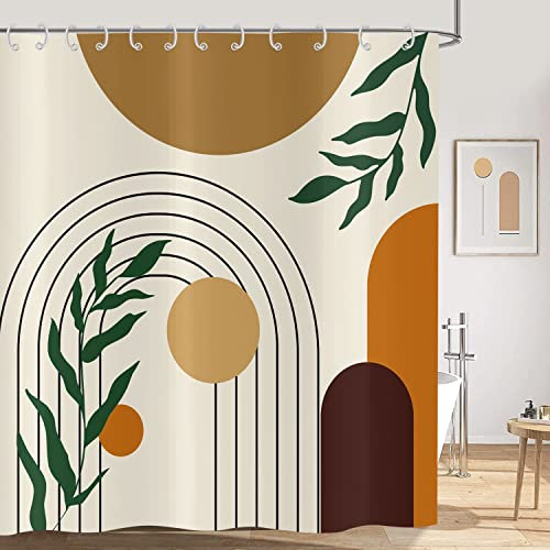 Hnmdmyi Rideau de Douche Boho 180x180, Mid Century Abstrait Vert Feuilles Arc Soleil Beige, Rideau de Bain Minimaliste Géométrique Esthétique Art Imperméable Tissu Lavable