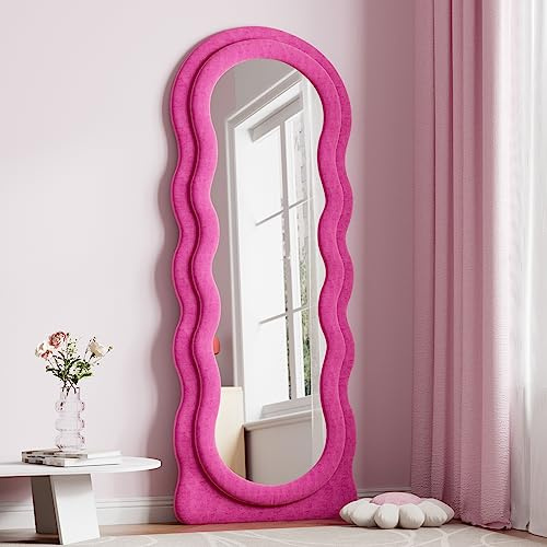 Dewfig Specchio Ondulato a figura intera 160x61 cm forma irregolare da parete o autoportante, cornice in legno rosa