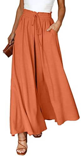 Dokotoo Sommerhose Damen Leicht Palazzo Hose Elegant Sommer High Waist Baggy Leinenhose Freizeithose Baumwolle Leinen Weite Hosen mit Taschen Kordelzug Elastisch Einfarbig Stoffhose Rot M