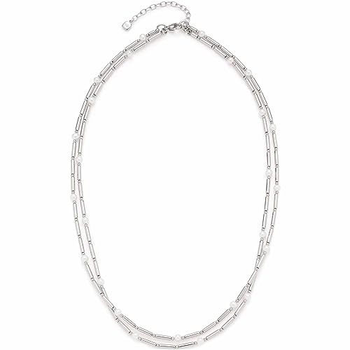 JEWELS BY LEONARDO Halskette Mirella • doppelreihige Hals-Kette aus silberfarbenem Edelstahl • Süßwasserperlen und Edelstahl-Stäbchen im Wechsel • Länge 45-50 cm • Schmuck Geschenk Damen • 023336