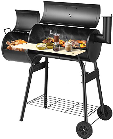 COSTWAY 2 en 1 Barbacoa Carbon, Parrilla de Carbón con 2 Estantes 2 Ruedas y Termómetro, Sistema de Ventilación y Chimenea, Barbacoas de Carbon y Leña