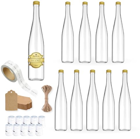 10x Bouteilles en Verre 700ml avec Bouchon à Vis Doré + 10 Sceaux + 10 Étiquettes Autocollantes + 10 Étiquettes Kraft + Ficelle - Rhum, Whiskey, Vodka - Bouteille pour Huile d'Olive, Eau, Liqueur