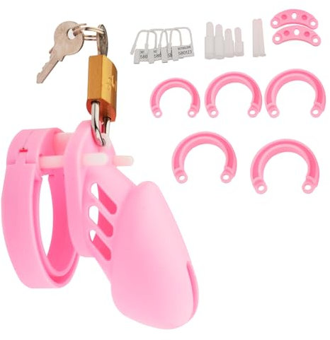 BDSMJOY Peniskäfig Silikon mit 5 Hodenringe für den Mann,Chastity Cage Male Keuschheitskäfig Keuschheitsgürtel für Herren Sex Spielzeug für die Männer extrem (Rosa, Kurz)