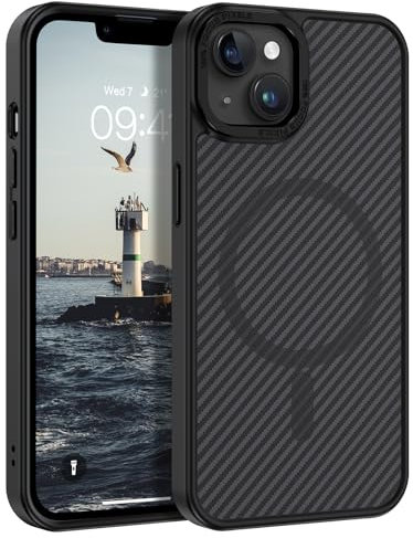 DOMAVER Case for iPhone 13, iPhone 14 Case Magnetic [Compatible with mag-safe] Carbon Fiber Metal Lens Frame+Buttons Support Wireless Charging Slim Men Women Phone Cases for iPhone 13/14 6.1, Black