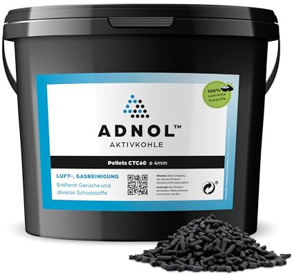 ADNOL® Aktivkohle Pellets 10 Liter aus Kokosnussschalen für Luftreinigung sowie Gasreinigung z.B. für Dunstabzugshauben, CTC60, Durchmesser 4mm, Energieklasse A, als Carbon Filter verwendbar