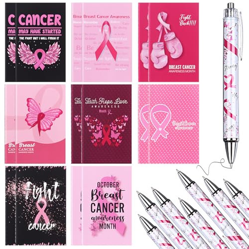 Haishell Lot de 16 cadeaux de sensibilisation au cancer du sein comprenant un stylo à bille rose et des carnets inspirants avec espoir, foi, force, courage pour femme, fille, patiente, collègue de