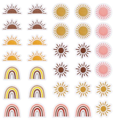 Qianyu 32 Stück Vintage Bügelflicken mit Sonne und Regenbogen Bestickte Flicken zum Aufnähen Aufbügeln Applikation Retro-Sommer Dekorative Reparatur DIY-Bastelzubehör für Kleidung Jeans Rucksäcke Jean