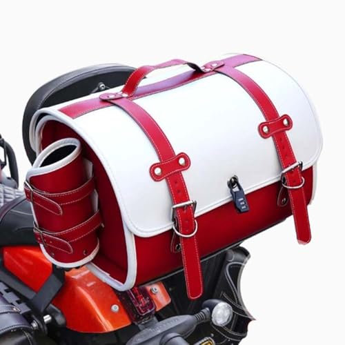 JDUYHS Motorrad Hecktasche für Honda Monkey 50 2002-2017, Motorrad Topcase Große Kapazität Topcase für Roller Motorrad Werkzeugtasche Leder wasserdichte Packtaschen, F White+Red
