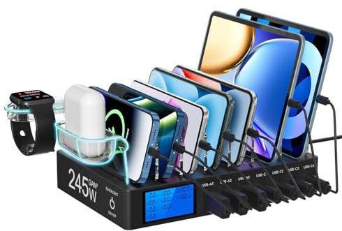 Rsydmny Stazione di Ricarica da 245W, 7 Porte Dispositivi Multipla, con schermo LCD, Ricarica Rapida USB C PD da 100W per iPhone, Tablet e Altri Dispositivi Elettronici(Senza cavo di ricarica)