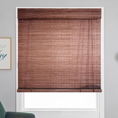 Bamboo Roman Shades Light Filtering Bamboo Roll Up Blinds, Wood Window Blinds for Outdoor/Indoor doors Patio Light Russet Beige Brown Cordless(Dark brown)
