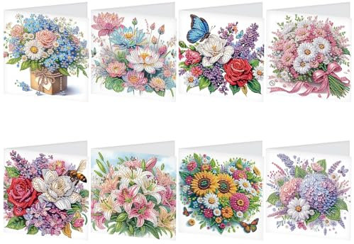 DCIDBEI DIY Diamond Painting Karten 8 PCS Strass Handwerk Grußkarte Diamant Painting Malerei Malen nach Zahlen Geschenkkarte Geburtstagskarten Geburtstag Karte (Blumen Strauß)