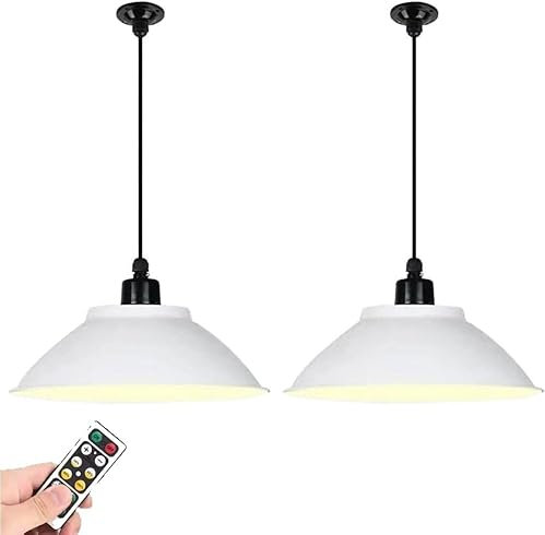 Lot de 2 luminaires Suspendus industriels Blancs, Abat-Jour de 12 Pouces, Fonctionne à Piles, éclairage Suspendu, télécommande sans Fil, plafonnier à intensité Variable, lumière LED pour cha
