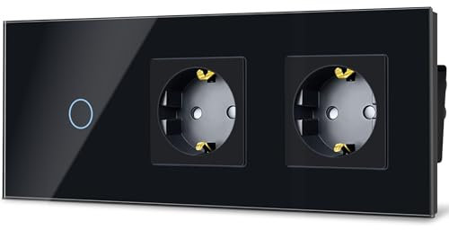 TAWOIA Normaler Lichtschalter mit Steckdose,EU Standard 2 Fach Steckdose 1 Fach 1 Wege Unterputz Lichtschalter Glasscheibe Berührungs Lichtschalter 86 * 228mm Schwarz