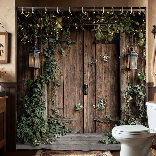 Rideau de douche de porte rustique, porte en bois, décoration de salle de bain pour le printemps et l'été, rideau de douche vintage en tissu imperméable avec crochets 183 x 183 cm