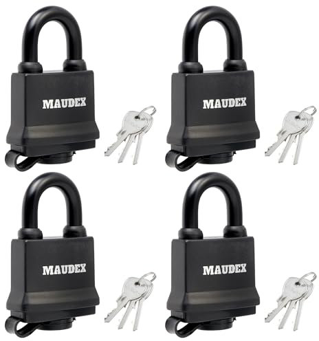 Maudex® IP450 Heavy Duty Padlocks 4-Pack with 12 Keys - Outdoor Weatherproof, Tough Steel Shackle, Durable Rubber Ring with PVC Cover for Gate, Shed, Garage, Fence