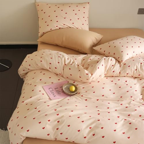 Freyamy Bettwäsche 155x220cm 2teilig Rosa Rot Herz Mädchen Bettwaren-Sets Romantisch Liebe Bettwäsche 100% Microfaser Liebesmotiv Bettbezug mit Reißverschluss und Kissenbezug 80x80cm