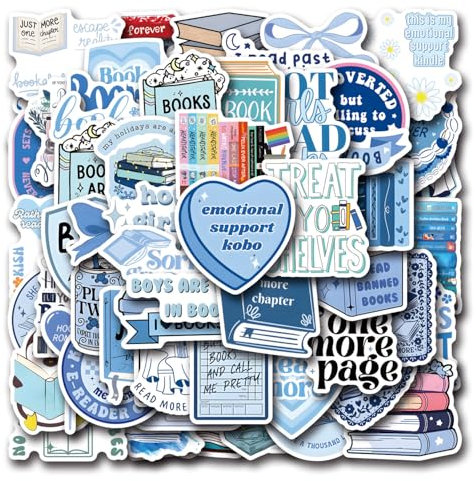 57 Pcs Kindle Stickers Blue Book Stickers for Readers Vinyl Bookish Sticker Decals Waterproof Aesthetic Sticker Blue for Phone Laptop IPAD Ebook Reader Water Bottle Scrapbooks
