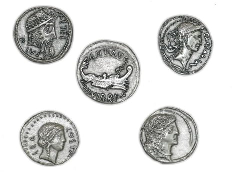 Römische Münzen Antike Zeit Gaius Julius Caesar versilbert - Reproduktionsset 5 Stück - Italienische Handwerkskunst - Made in Italy