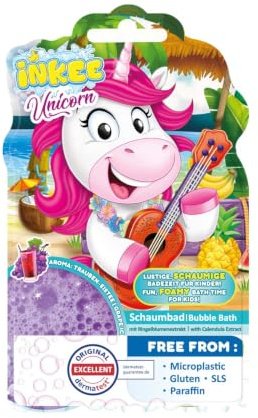 INKEE - Sapone liquido per il bagno Unicorn | Additivo per il bagno Unicorno per bambini, sapone liquido per bambini con estratto di calendula e profumo di tè freddo all'uva, 15 x 40 g