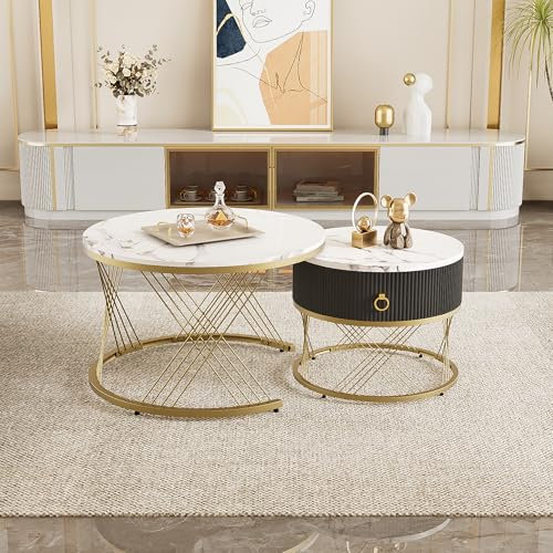 Merax Couchtisch 2er-Set, 70x70 cm+50x50 cm, Marmoroptik mit Golddekor, Beistelltisch mit Schubladen, höhenverstellbare Füße, Weiß und Gold
