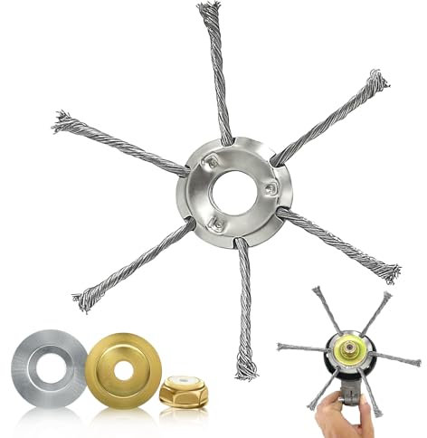 CHIHOLEN Grass Petrol Strimmer Head, 7 inchs Universal Solid Steel Wire Brush Strimmer Head, 25.4mm Hole for Brush Cutter Attachment Replacement Tool, Garden Moss Rust Weed Removal(with 3 accessories)