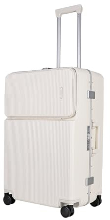 JLY Covestro Polycarbonate Large Suitcase – Front Access Hard Shell Travel Check in Luggage with Cup Holder, Bag Hook, Spinner Wheels, Dual TSA Locks & Aluminium Handle – Warm White