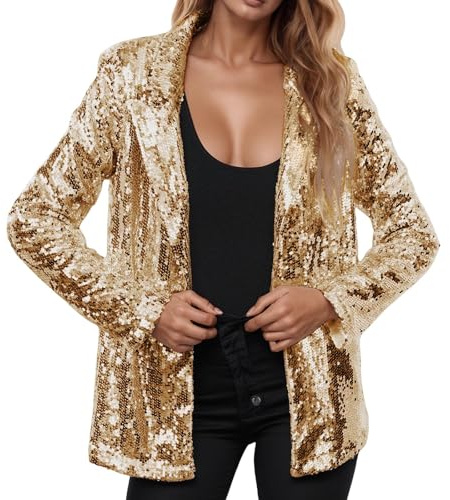 Pailletten Blazern Damen Schimmer Glitzer Jacke Slim Fit Festliche Outerwear 80er Jahre Neon Party Glänzend Mäntel Langarm Vorne Offen Pailettenjacke für Oktoberfest Karneval Silvester (06-Gold, M)