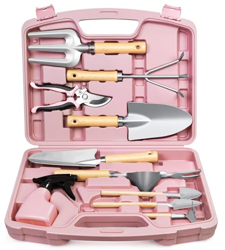 Grenebo 12 Pcs Gardening Tools Gift Set for Women, Tools with Sturdy Carrying Case, Modern Gardening Gifts for Women and Men (Pink and Silver)