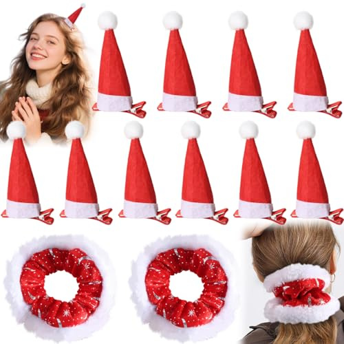 QIMMU 12 Pièces Pinces à Cheveux De Noël,Barrettes Noel,Accessoire Cheveux noel,Mini bonnet de Noëls,Chouchou cheveux noël,Parfait Pour Les Fêtes de noëls,Les Photos De Famille,Les Cadeaux