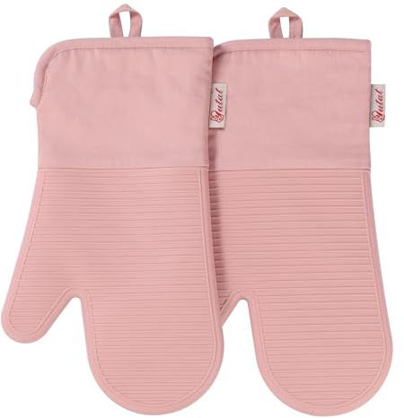 YUTAT Silicone Oven Mitts,High Heat Resistant Up to 500 Degrees,Waterproof Cooking Gloves with Soft Polyester Filling,Kitchen Potholder Set - Perfect for BBQ,Baking and Cooking,Pink,2 Pcs Set