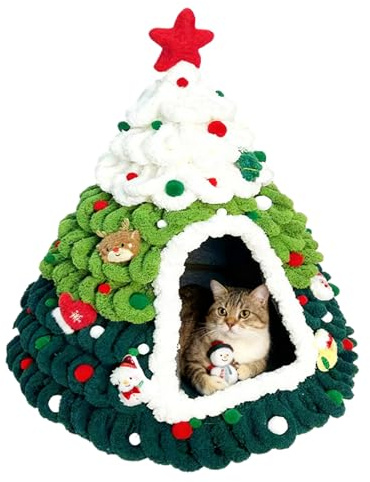 Cuccia per Gatti Rifugio Morbido Lavorato A Maglia Con Design Albero | Cuccia Calda Per Gatti Albero Di Natale Per Cucciolo Animale Domestico Interno Esterno Casa Inverno