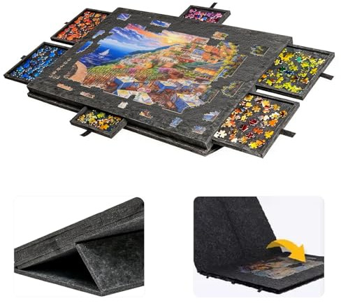 Puzzletisch, Tragbarer Puzzlebrett mit 6 Schubladen und Abdeckung, Puzzle Board Leichter Filz Puzzletisch 1000 Teile, Puzzle Zubehör for Erwachsene, Schwarz