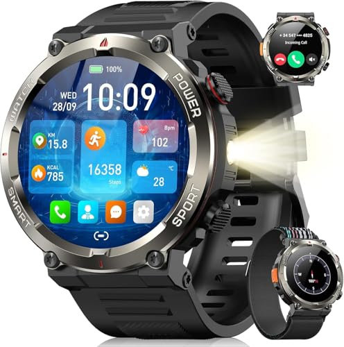 Blackview Smartwatch Uomo, Orologio Intelligente Fitness con Chiamate Bluetooth,1.45 Militari Smart Watch Tracker 100+ Modalità Sportive/Cardiofrequenzimetro/SpO2/Torcia/Bussola per Android iOS