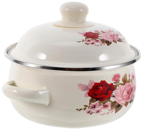 Emaille Kochtopf mit Deckel 1000ml, Zwei Griffe, für Suppen | Emaillierter Topf mit Blumenmuster, für Eintöpfe und Nudeln, Leicht zu Tragen, , Gleichmäßige Wärmeverteilung