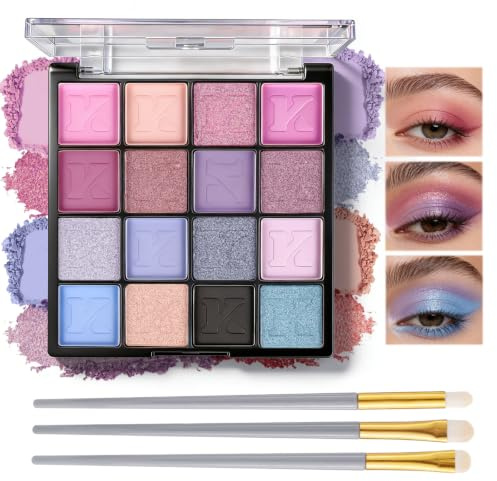 Prreal 16 Colours Eyeshadow Palette, Blue Eyeshadow Matte Glitter | Highly Pigmented Colorful Eye Shadow Powder with Brushes for Pary Concert Festival Eye Makeup, Blue-Purple