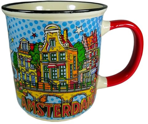 Amsterdam Keramik Tasse im Vintage-Design – Maritimer Kaffeebecher Holland Souvenir – Weiß/Blau mit Skyline & Hafen-Motiv – Großer Pott 10x9,5 cm, 340g Deko GMTX 4730