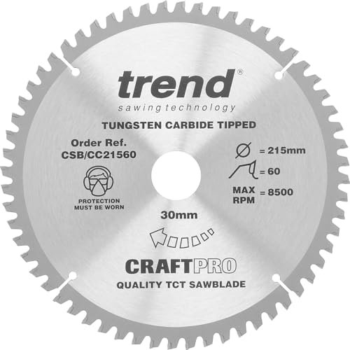 Trend Wood Mitre Saw Blade, 215mm Diameter, 30mm Bore, 60 Teeth, 2.6mm Kerf, -5° Hook, TCT, Extra-Fine Finish, CSB/CC21560