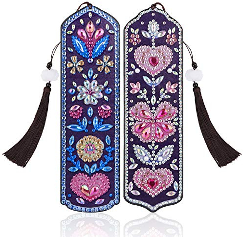 VETPW 2 Stück 5D DIY Diamant Malerei Lesezeichen für Abschluss Geburtstagsgeschenk, Malen Nach Zahlen, Diamond Pasted Bookmark, Diamant Stickerei Malerei Quaste Leder Lesezeichen -Liebesherz & Blume