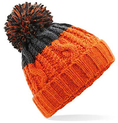 ASVP Shop Strickmütze mit Korkenzieher-Zopfmuster, einfarbig, für Herren und Damen, warme Wintermütze, Orange/Graphitgrau, M/Einheitsgröße