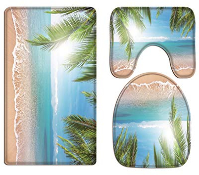 A.Monamour Badezimmer Badematte 3 Teilig Set Tropischer Sandstrand Palme Kokosnussbaum Ozean Wellen Flanell WC Toilette Deckel Deckt Bad Matte Teppich Badteppiche Badvorleger Badgarnitur Vorleger