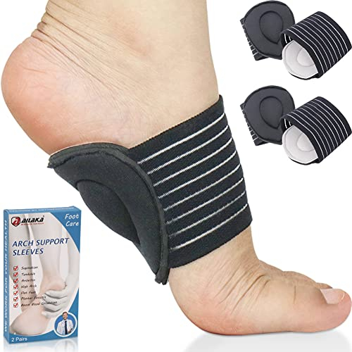 Ailaka 2 Paar Fußgewölbe-Bandagen, Kompressions-gepolsterte Plantarfasziitis-Bandagen für Schmerzlinderung und wunde Plattfüße, Fersensporn (schwarz und grau, Einheitsgröße)