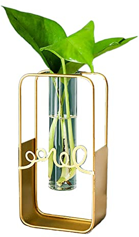 Florero De Vidrio para Planta Hidropónica, Jarrones Vidrio con Marco Metal, Florero Cristal De Tubo Ensayo Hidropónico, Hierro Forjadorectangular Love Estilo para Oficina,Habitación,Sala De Estar