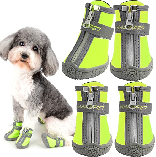 Ranphy Hundeschuhe wasserdichte Schuhe für kleine, mittelgroße Hunde, Wanderschuhe, rutschfeste Sohle mit reflektierenden Riemen für heiße Gehweg, Winter, Schnee, Outdoor, Grün, 4 Stück