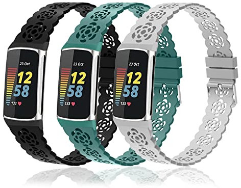 Nigaee 3 Pack Elastic Nylon Bands & Lace Silicone Bands Compatible with Fitbit Charge 5/Charge 6,Adjustable Breathable Replacement Straps Soft Nylon Loop & Slim Silicone Wristbands for Women Men