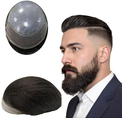 NLW Echthaar Toupet für Männer Vorderseite aus Spitze, Rückseite aus PU haarsystem mann Europäisches haarteil für männer natürliche Haarlinie herren toupet Basis10x8 (#1B Natürliche schwarz)