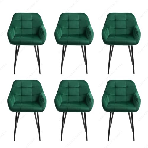 JINPALAY Pack 6 Sillas de Comedor con Reposabrazos de Terciopelo Sillas Cocina Modernas Silla Tapizada Verde Estructura de Metal para Comedor, Cocina (6)