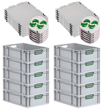 PROREGAL SuperSparSet 10x Eurobox NextGen Color mit Auflagedeckel & Schiebeschnappverschlüsse, HxBxT 17x40x60cm, 34L, Griffe grün offen, Glatter Boden, Eurobehälter Transportbox Transportbehälter